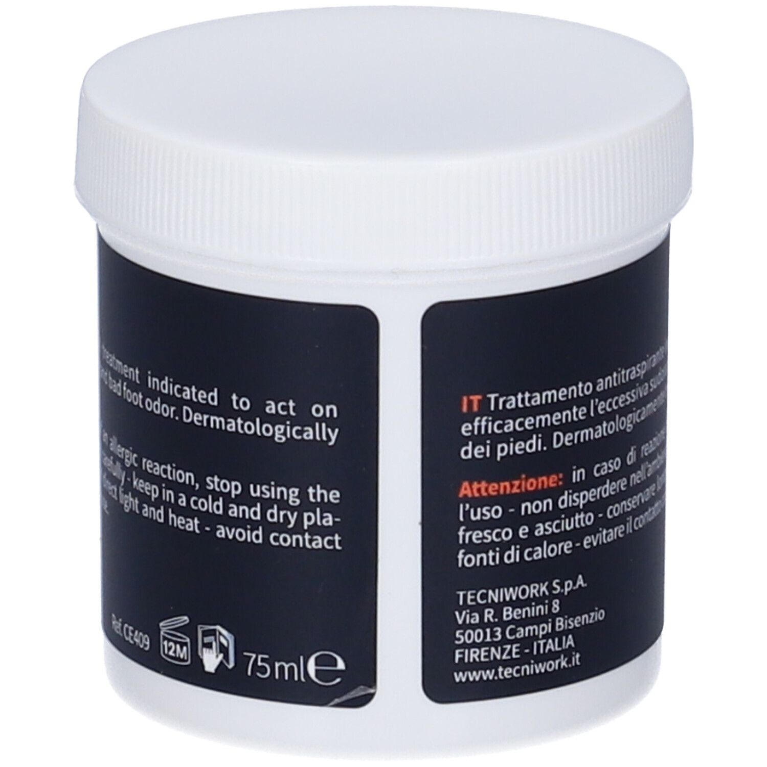 Barattolo con coperchio bianco ed etichetta nera. Testo: 75ml, marchio CE, 12M. Avvertenza: In caso di reazione allergica...