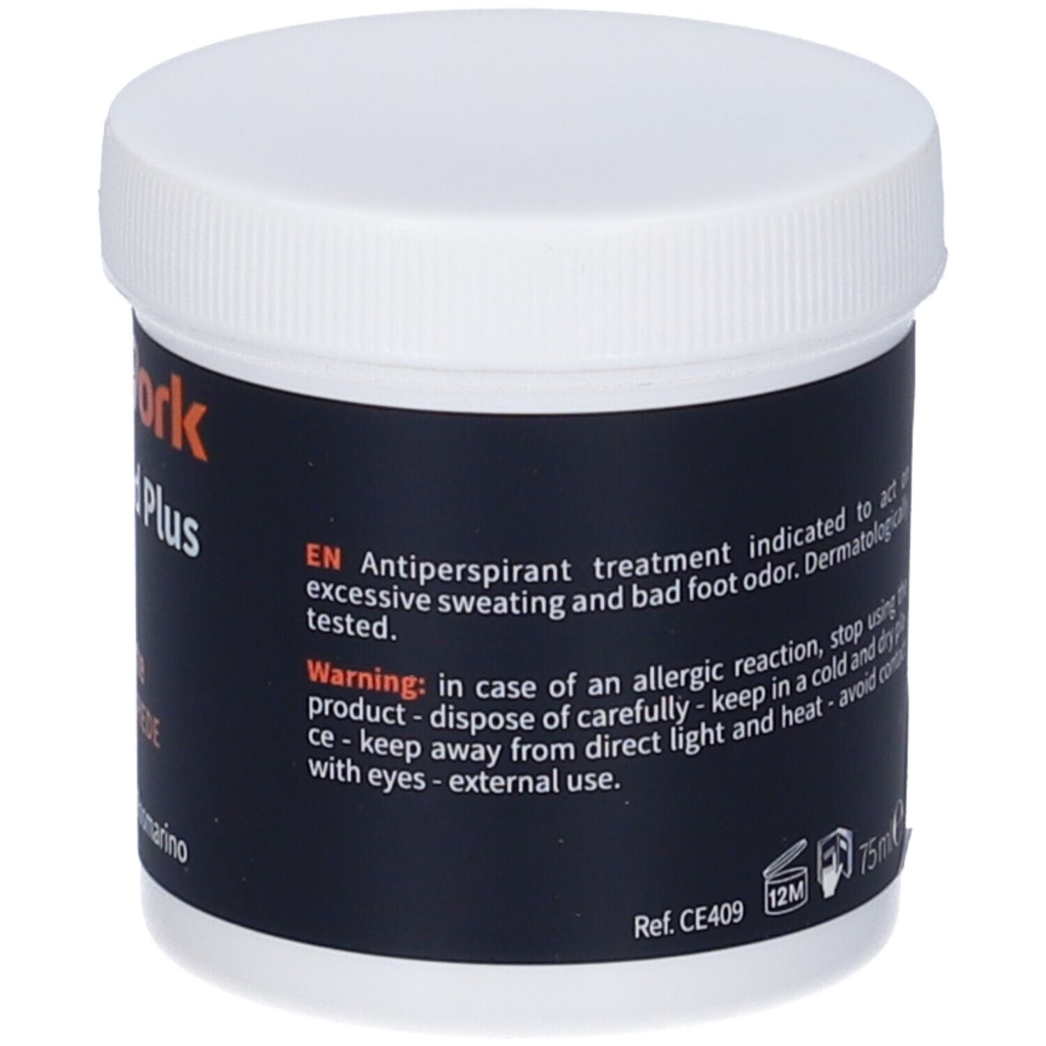Barattolo con coperchio bianco ed etichetta nera. Testo: Trattamento antitraspirante contro la sudorazione eccessiva e l'odore dei piedi.