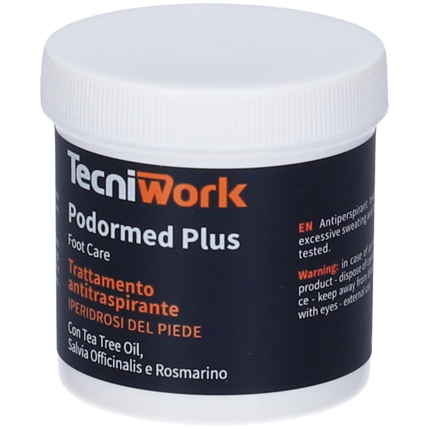 Barattolo con coperchio bianco ed etichetta nera. Scritta: TecniWork, Podormed Plus, Foot Care, trattamento antitraspirante.