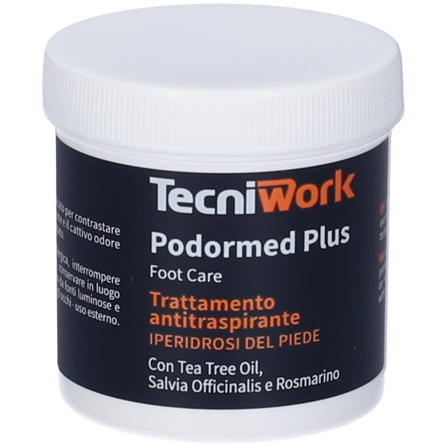 Barattolo con coperchio bianco ed etichetta nera. Scritta: TecniWork, Podormed Plus, Foot Care, trattamento antitraspirante.
