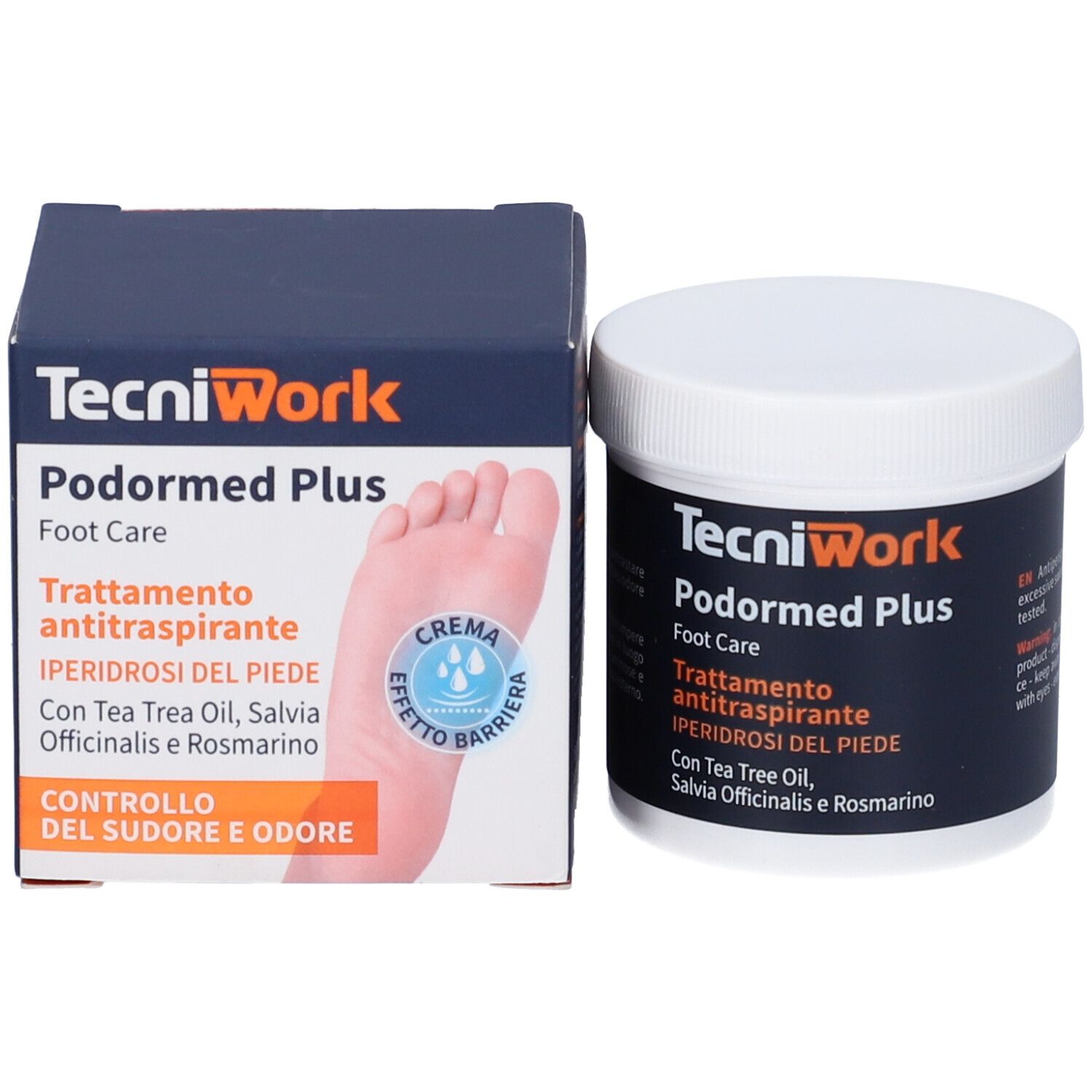 Confezione del prodotto con barattolo e scatola. Barattolo con coperchio bianco ed etichetta nera. Scatola con immagine del piede.