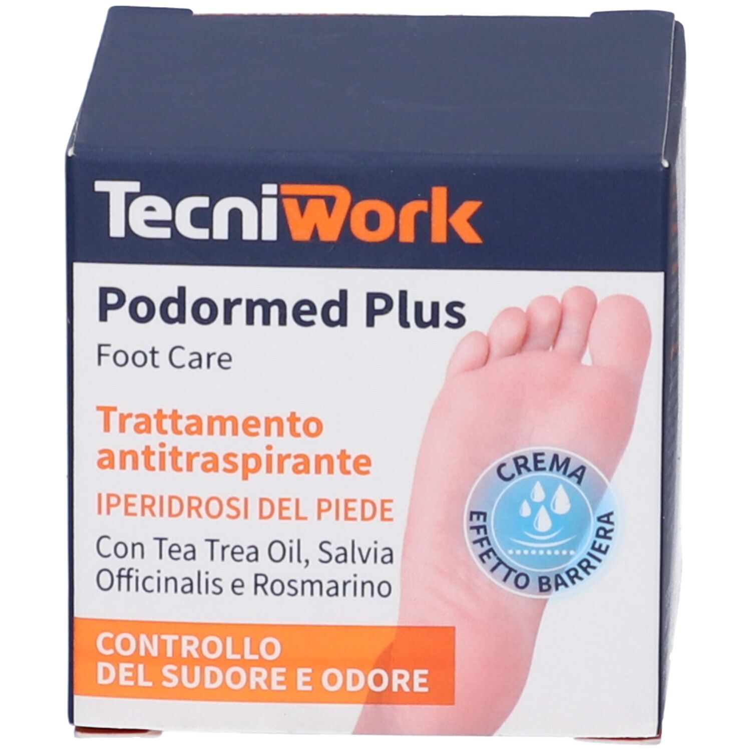 Scatola con nome del prodotto e immagine del piede. Testo: Controllo del sudore e degli odori. Effetto crema.