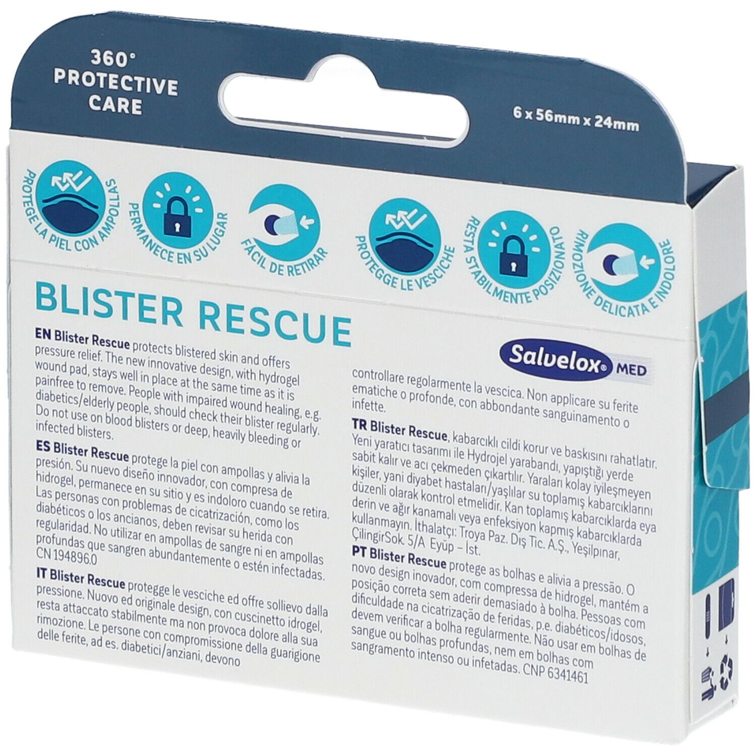 Retro della confezione Salvelox® MED Blister Rescue. Testo multilingue. 6 x 56mm x 24mm. Nome del prodotto e loghi.