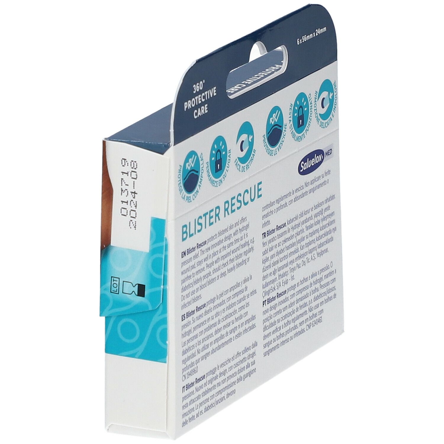 Vista laterale della confezione Salvelox® MED Blister Rescue. Testo e loghi. Data 013719 2024-08.