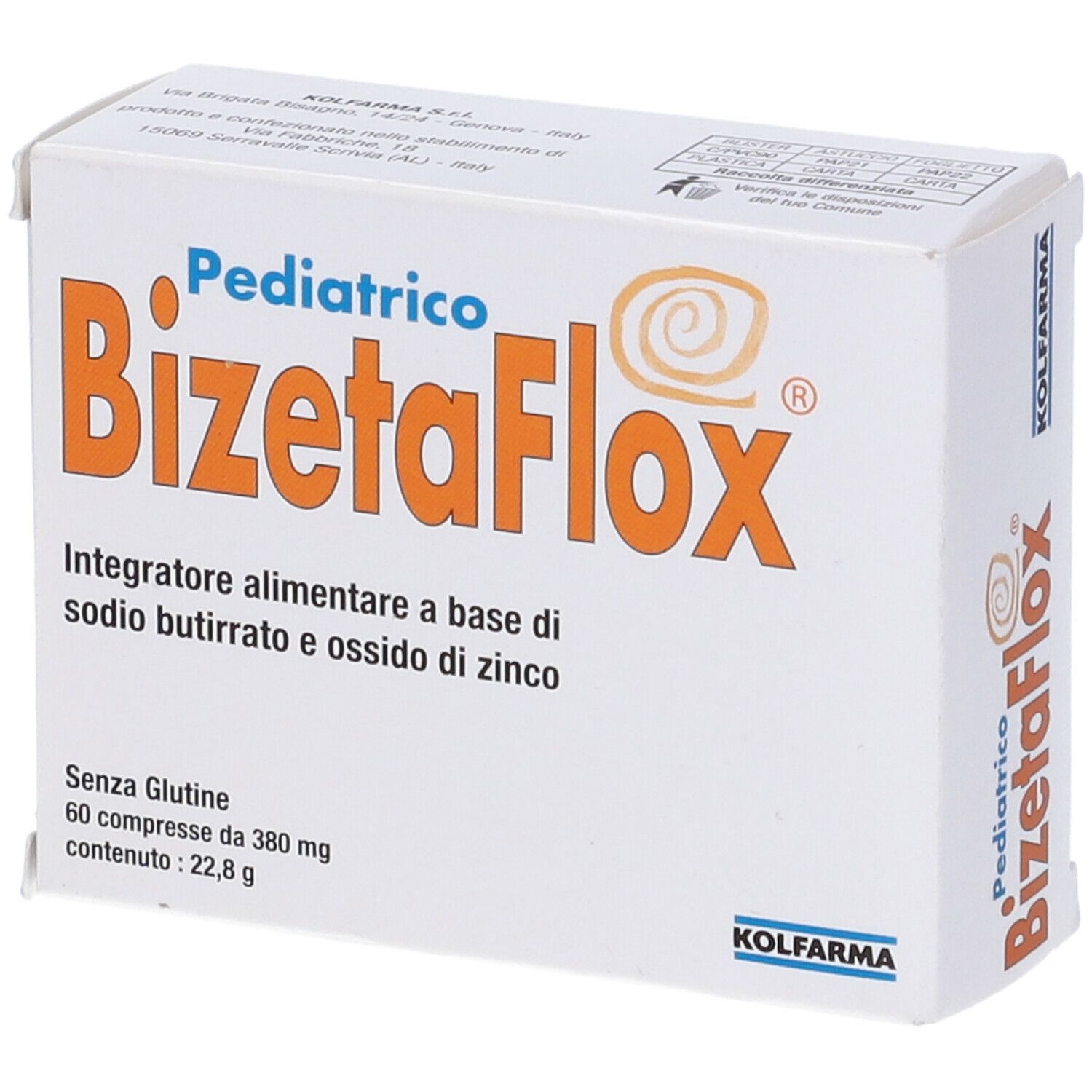 Scatola bianca 'BizetaFlox Pediatrico'. Contiene 60 compresse. Marchio Kolfarma.
