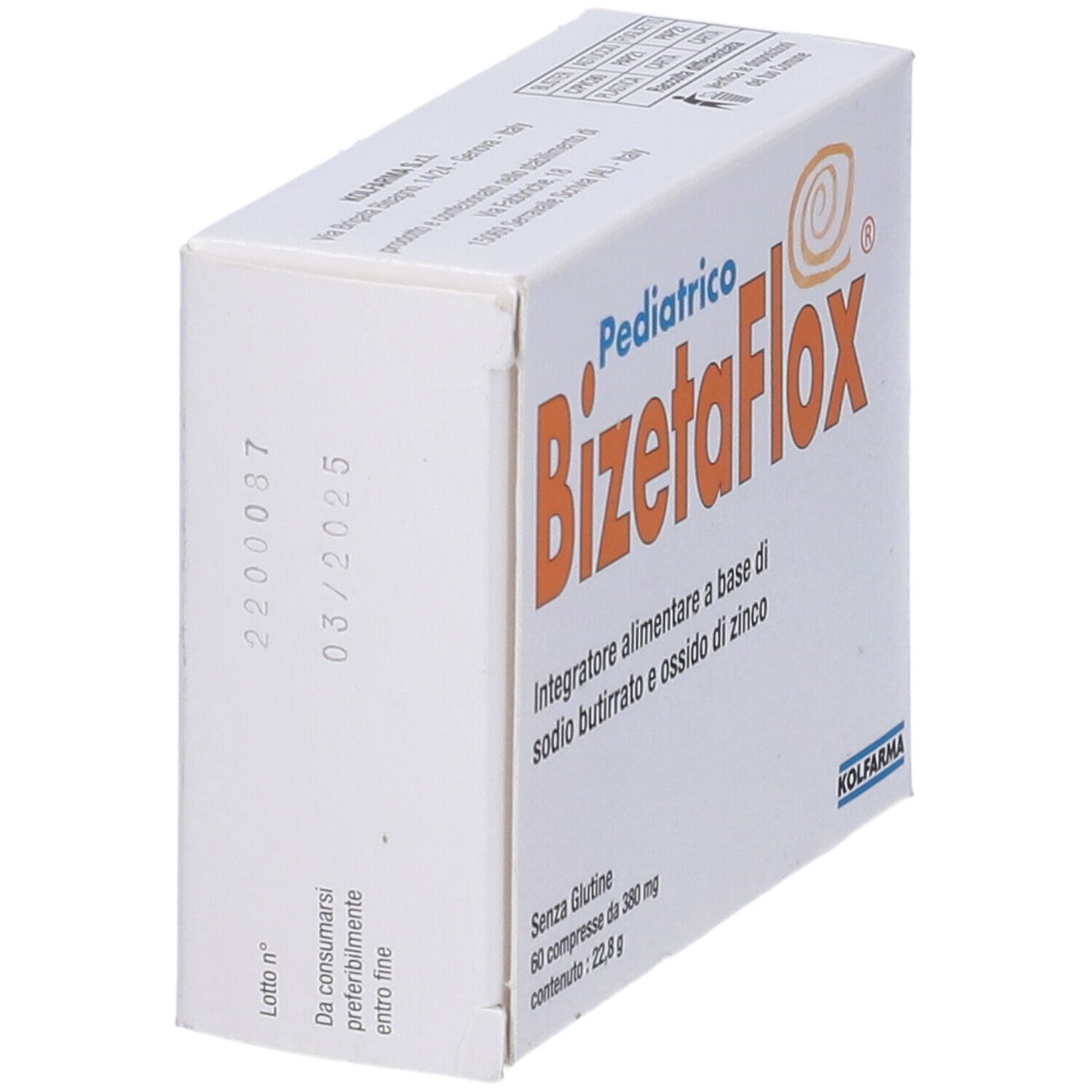 Scatola bianca 'BizetaFlox Pediatrico'. Contiene 60 compresse. Marchio Kolfarma.