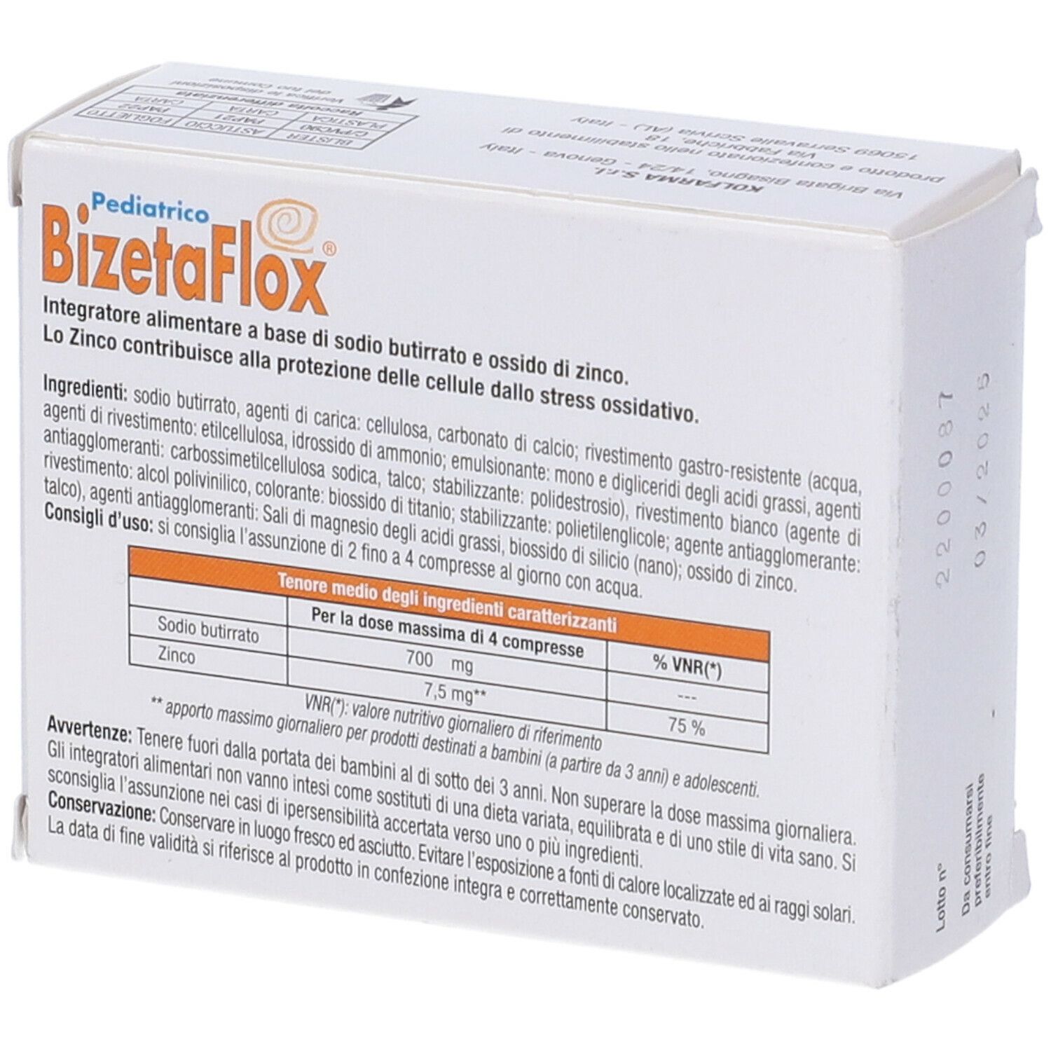 Scatola bianca 'BizetaFlox Pediatrico'. Contiene 60 compresse. Marchio Kolfarma.