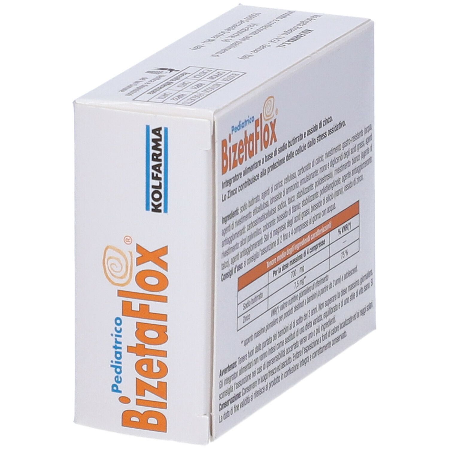 Scatola bianca 'BizetaFlox Pediatrico'. Contiene 60 compresse. Marchio Kolfarma.