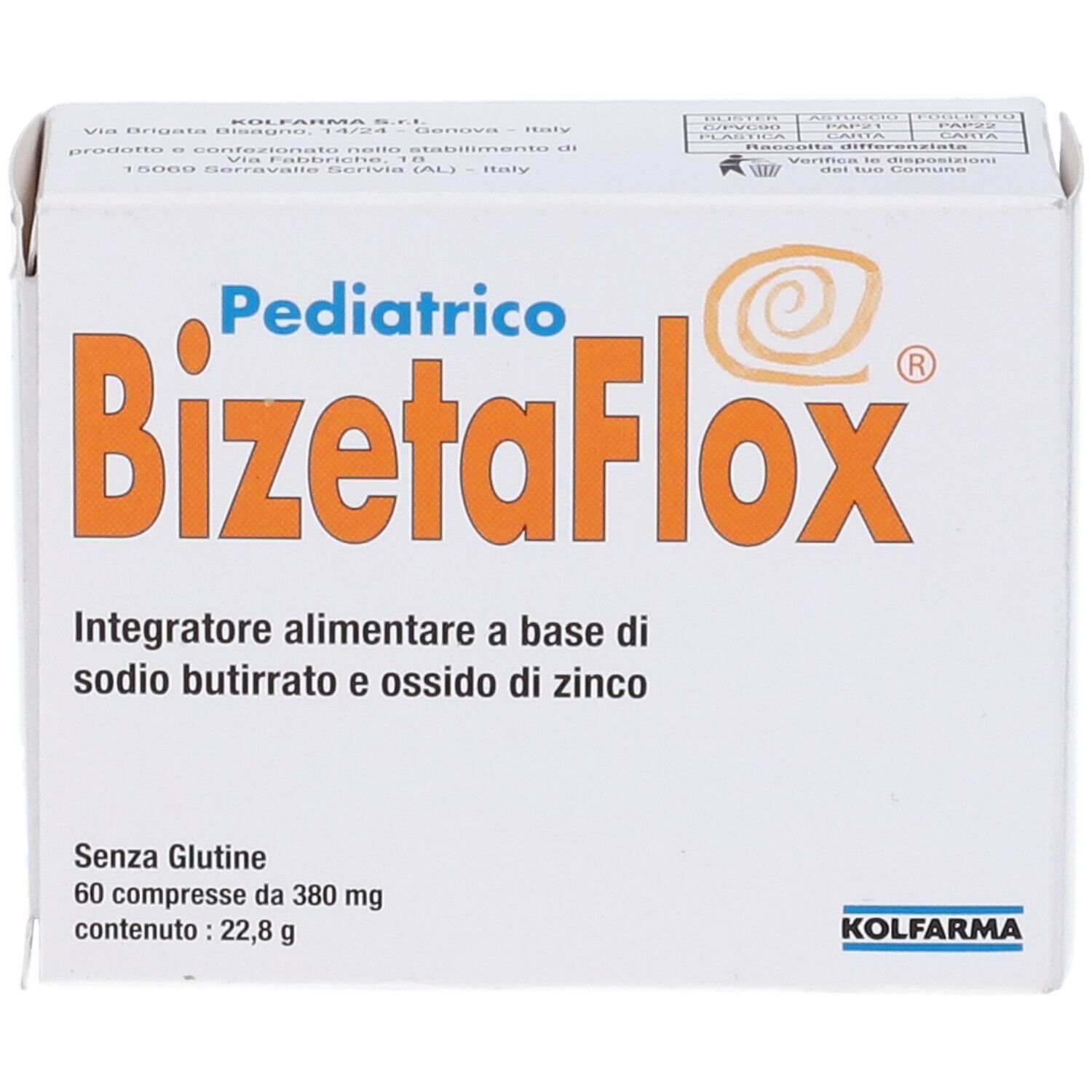 Scatola bianca 'BizetaFlox Pediatrico'. Contiene 60 compresse. Marchio Kolfarma.