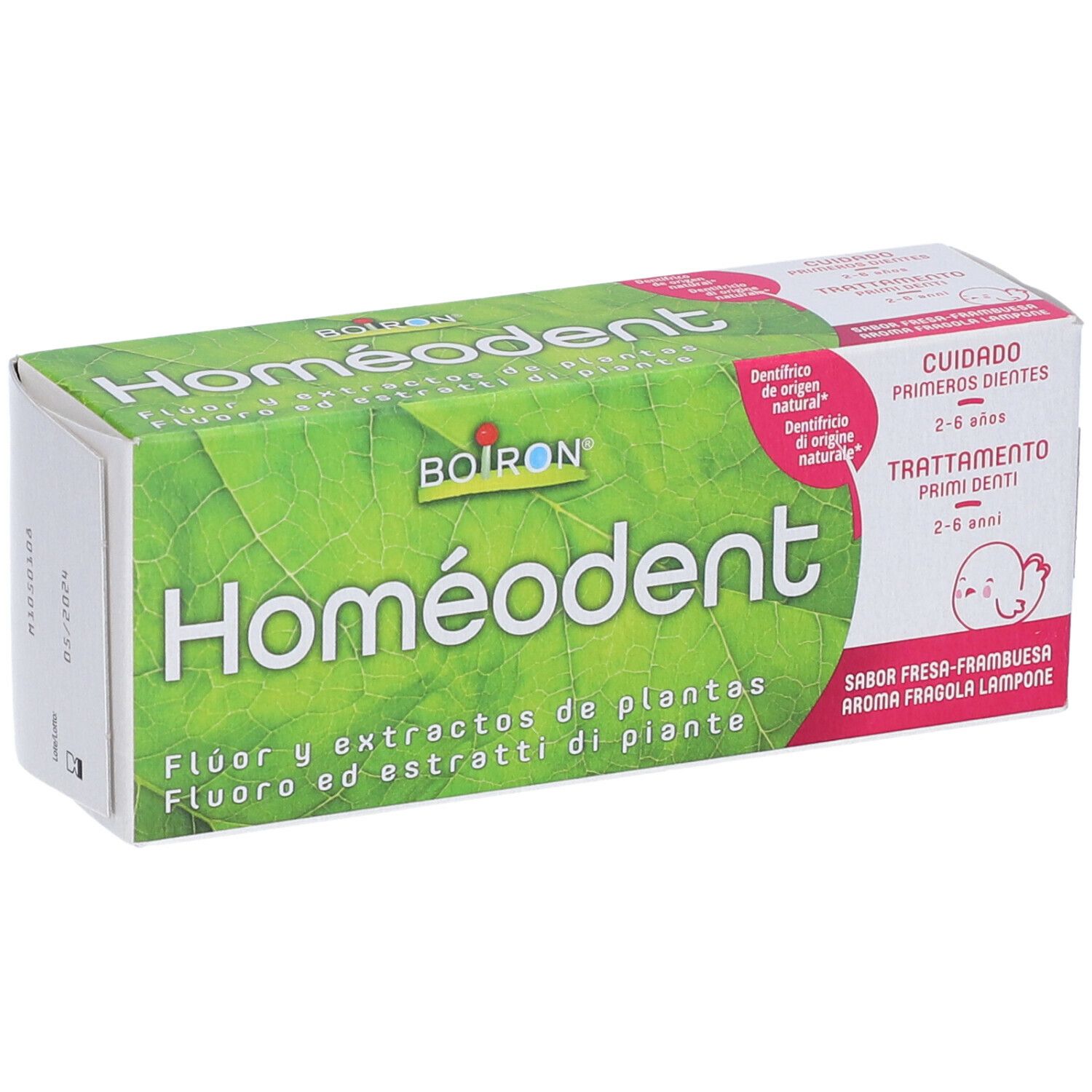 Confezione Homéodent Trattamento Primi Denti. Scatola verde e bianca con nome e ingredienti.