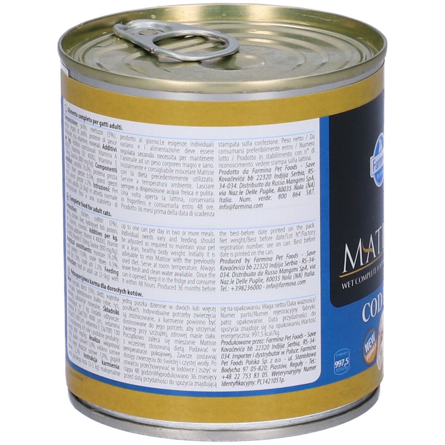 Retro della lattina di Matisse Cod-Mousse. Testo multilingue, informazioni del produttore e informazioni nutrizionali.