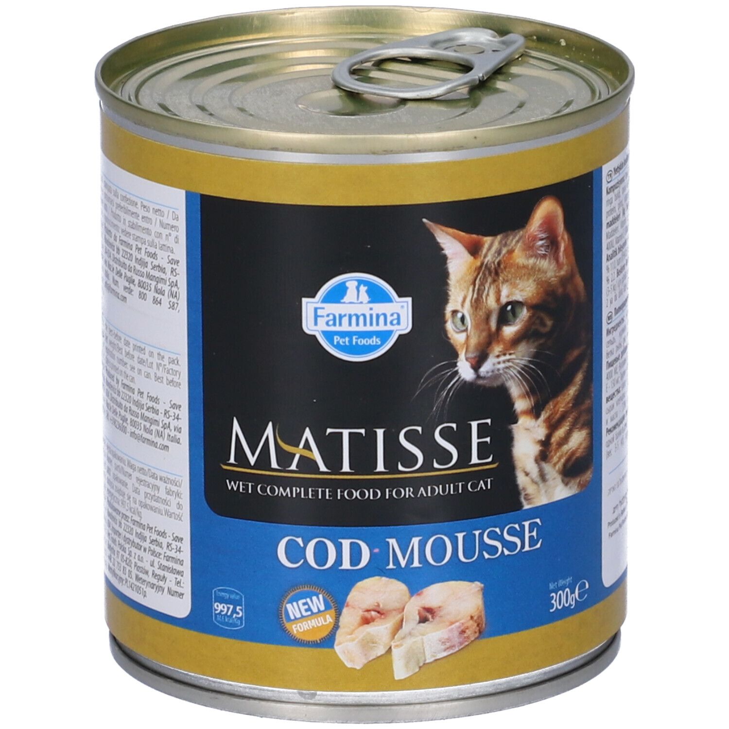 Lattina metallica di Matisse Cod-Mousse per gatti. Etichette blu e oro con nome del prodotto, immagine di gatto e pezzi di pesce.