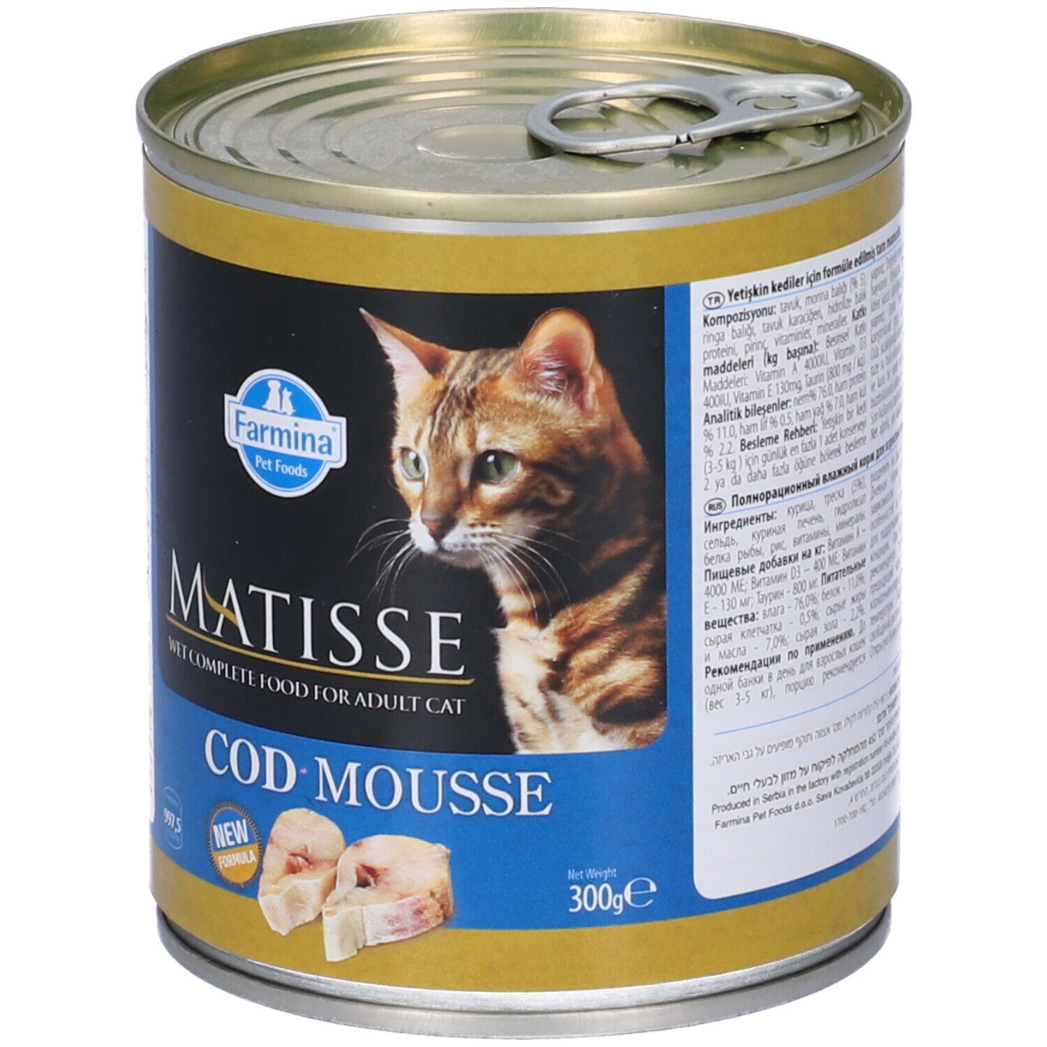 Lattina metallica di Matisse Cod-Mousse per gatti. Etichette blu e oro con nome del prodotto, immagine di gatto e pezzi di pesce.