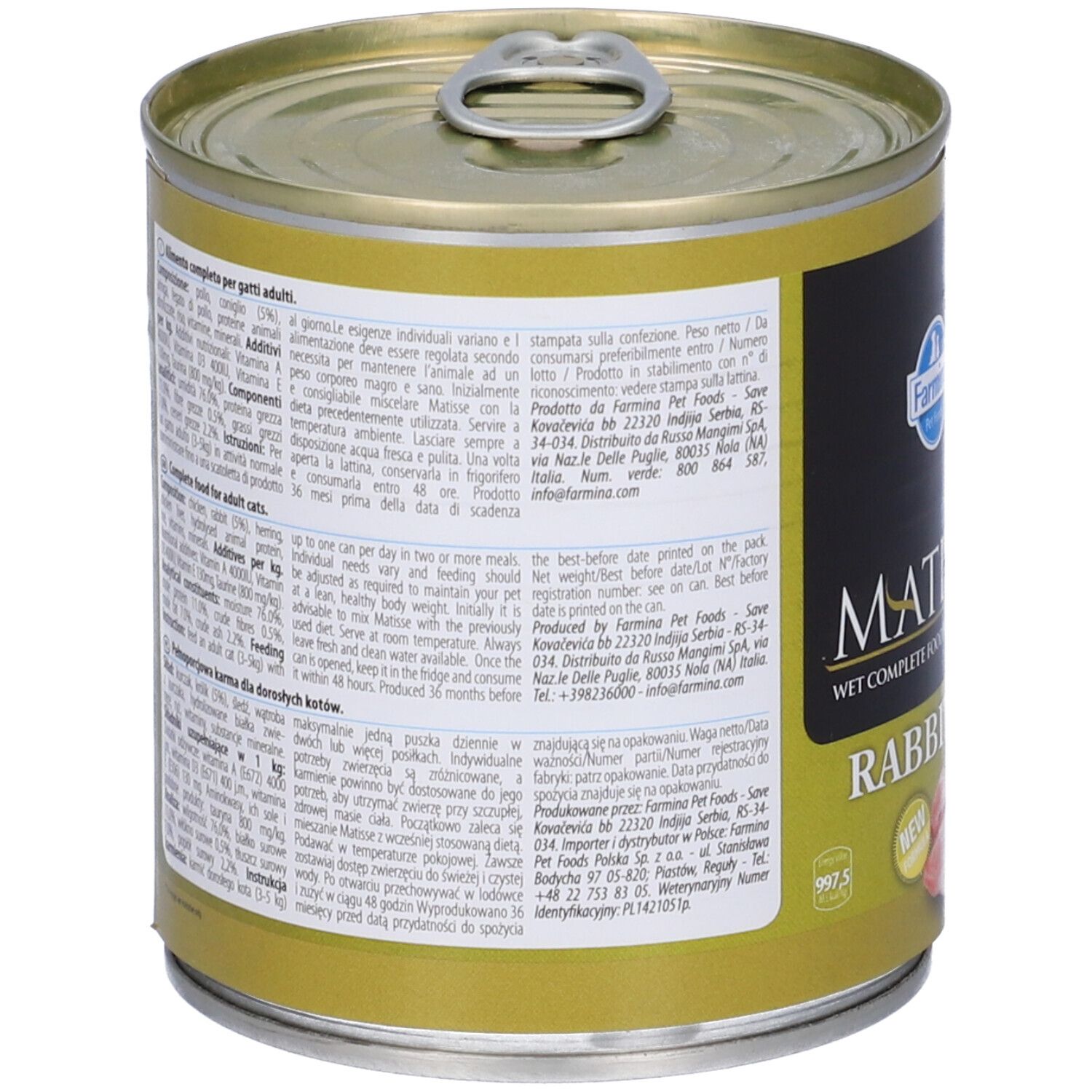 Retro della lattina di cibo per gatti Matisse Rabbit Mousse. Testo in più lingue. Logo Farmina e informazioni sul prodotto.