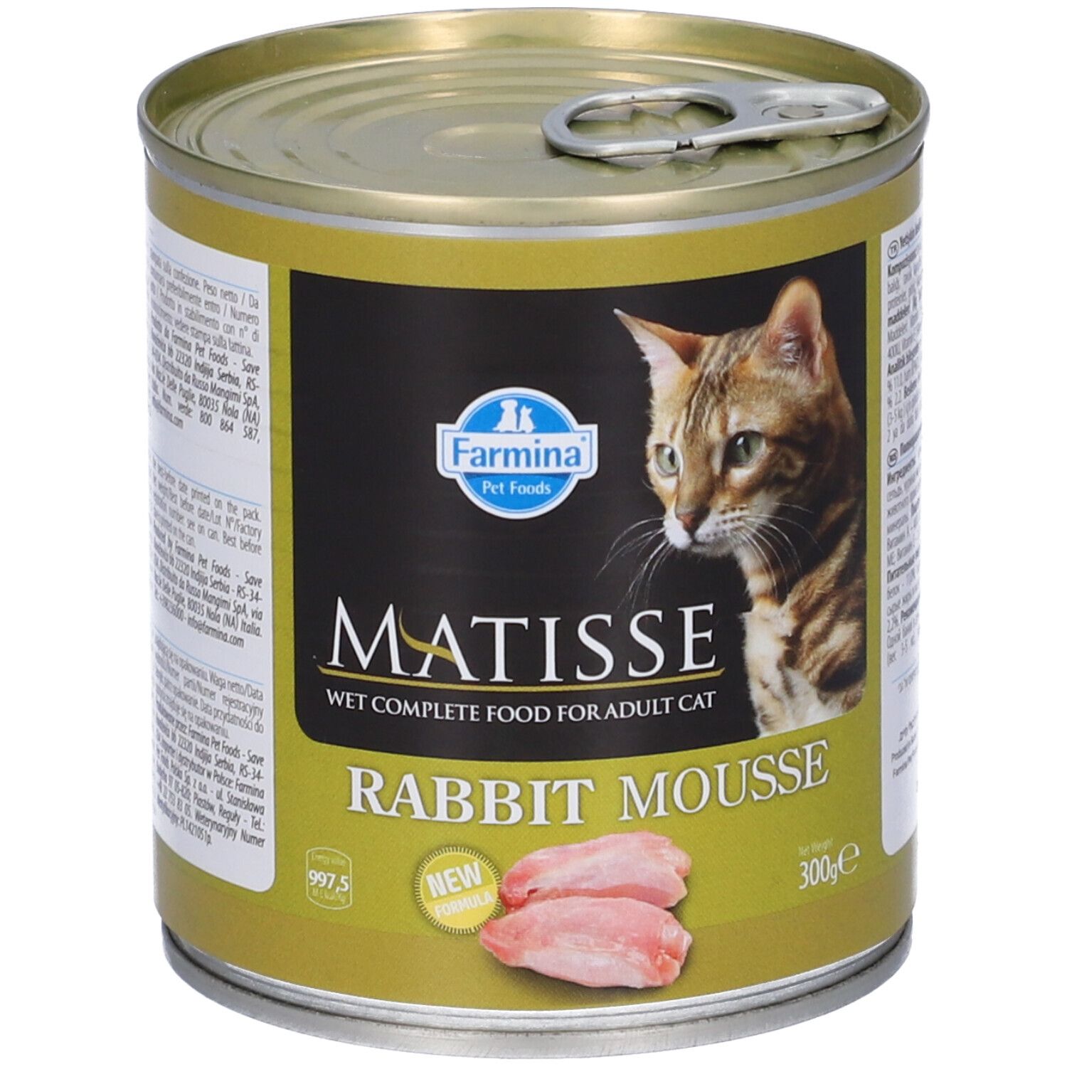 Lattina di cibo per gatti Matisse Rabbit Mousse. Etichetta con nome del prodotto, gatto, pezzi di carne e logo Farmina. 300g.