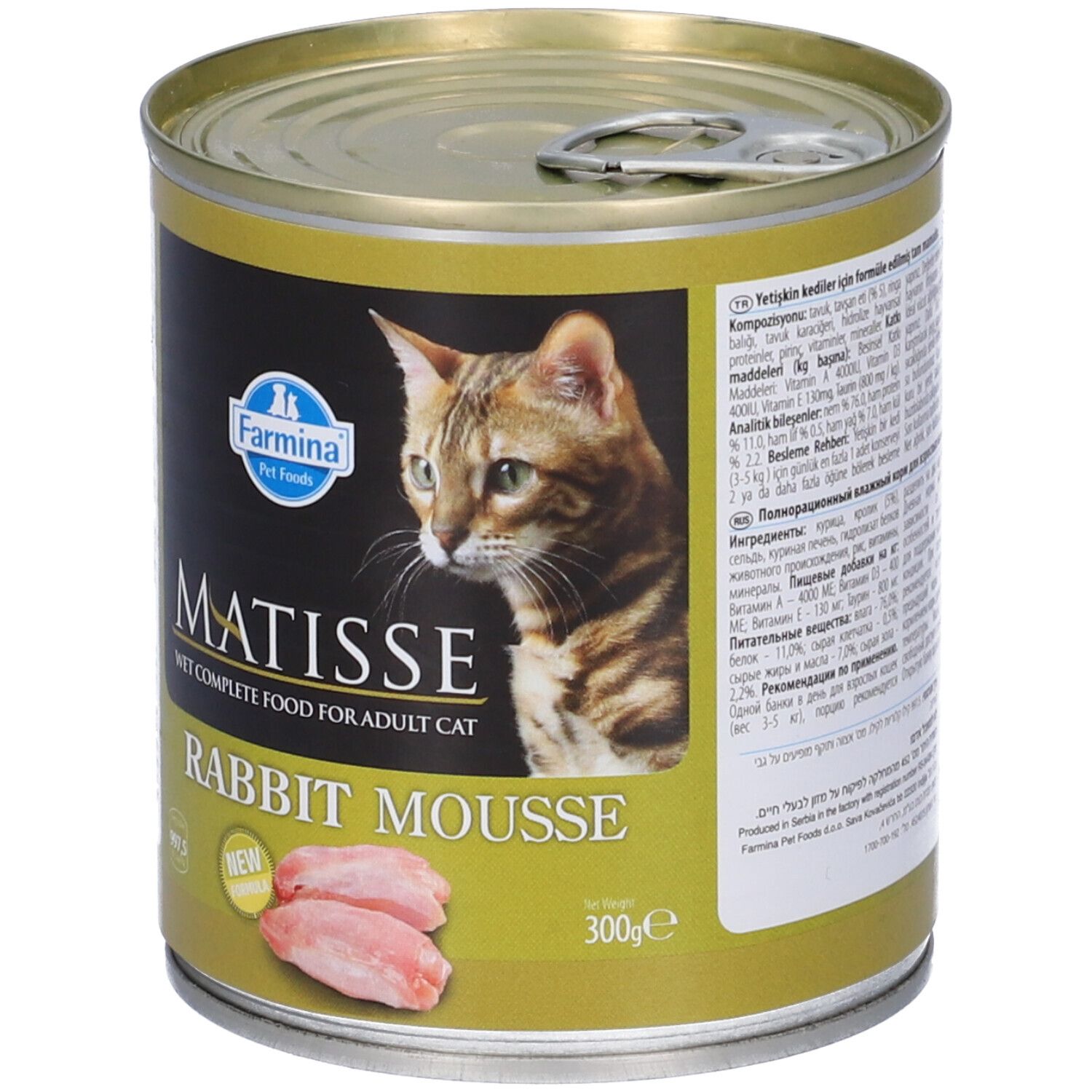 Lattina di cibo per gatti Matisse Rabbit Mousse. Etichetta con nome del prodotto, gatto, pezzi di carne e logo Farmina. 300g.