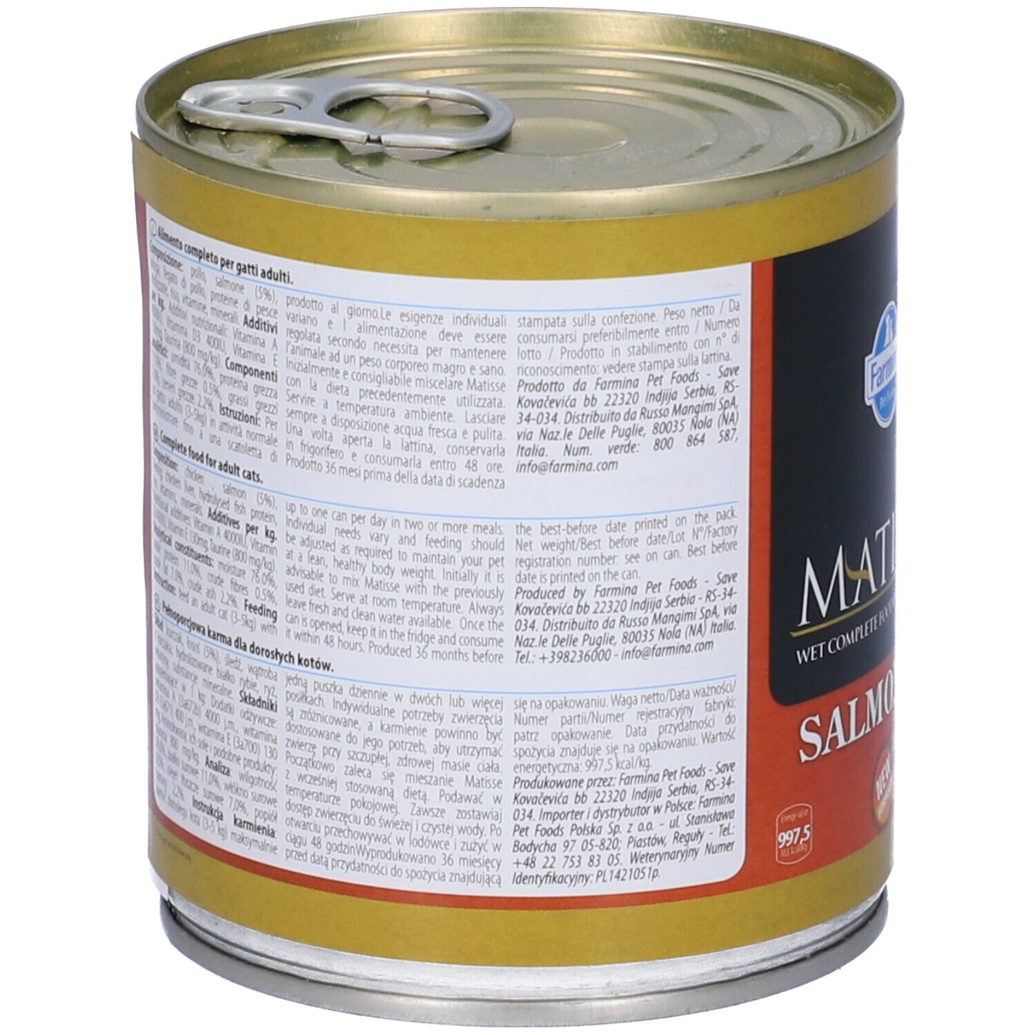 Lattina Matisse Mousse di salmone, vista laterale. Etichetta con informazioni testuali, ingredienti e dettagli del produttore. Bordo dorato.