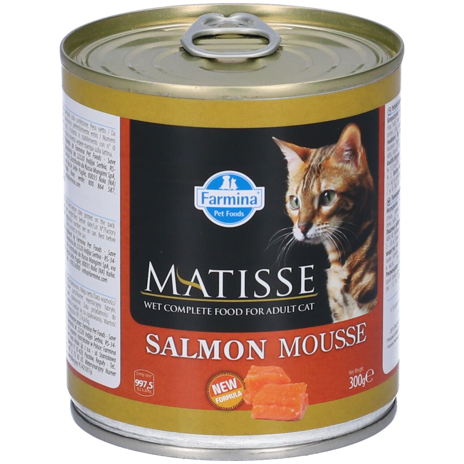Lattina di Matisse Mousse di salmone per gatti. Etichetta con immagine di gatto, nome del prodotto e logo. Lattina con anello.
