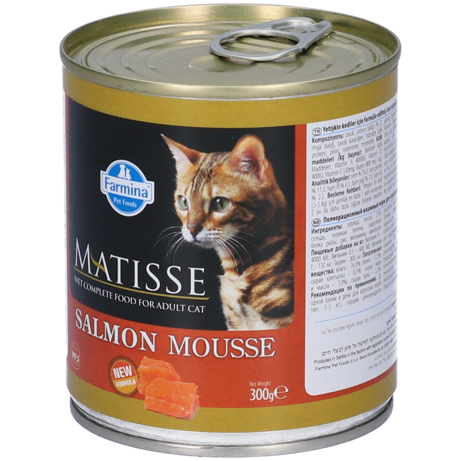 Lattina di Matisse Mousse di salmone per gatti. Etichetta con immagine di gatto, nome del prodotto e logo. Lattina con anello.