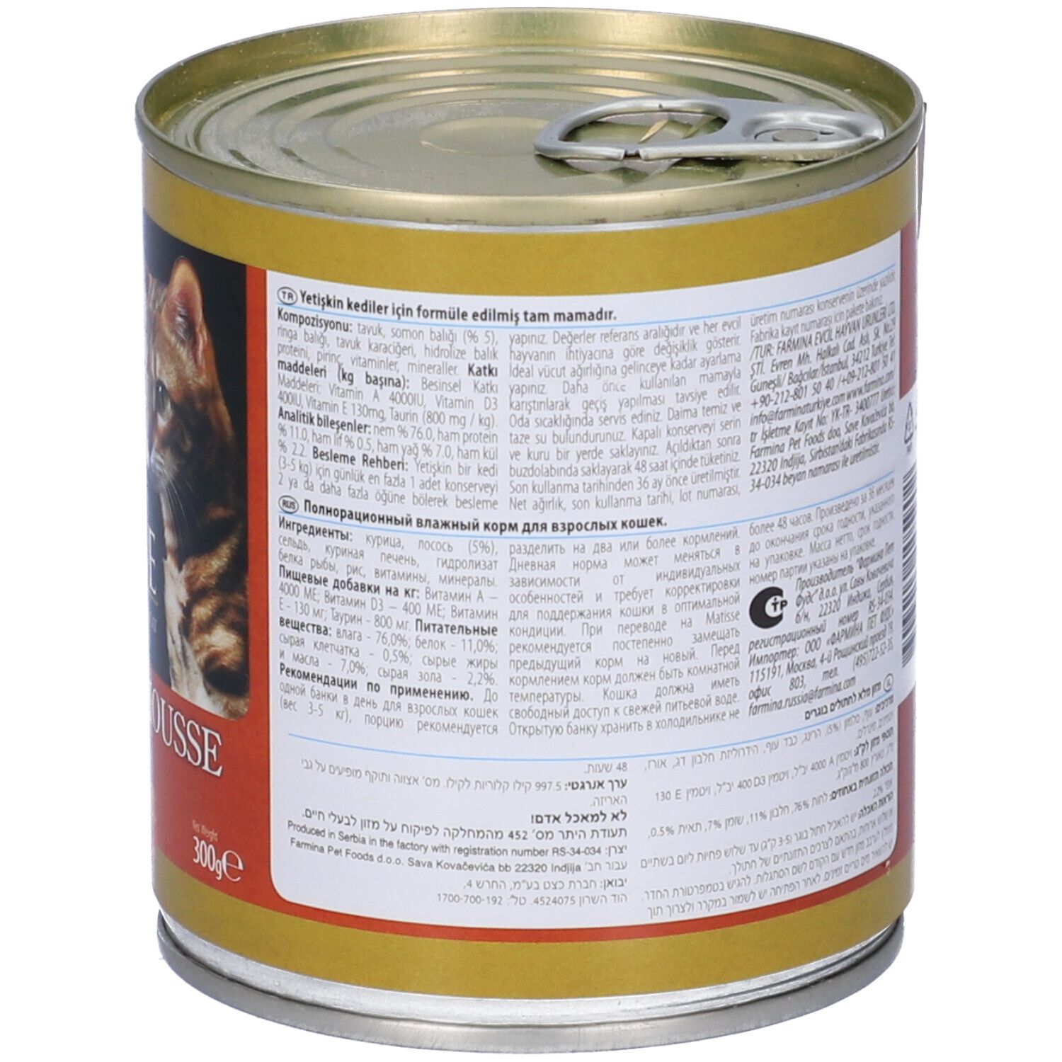 Lattina Matisse Mousse di salmone, retro. Etichetta con testo, codice a barre e simboli di riciclaggio. Bordo dorato.