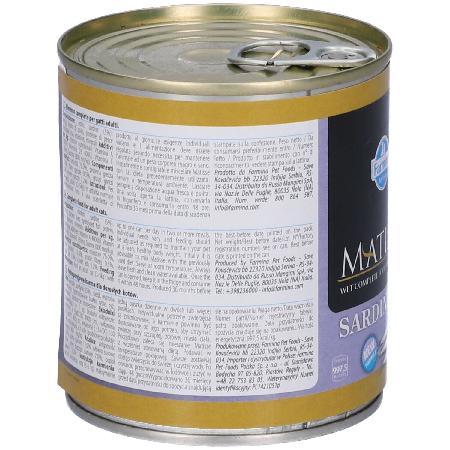 Lattina Farmina Matisse Sardine Mousse. Retro con testo. Coperchio e lattina dorati. Anello di apertura.