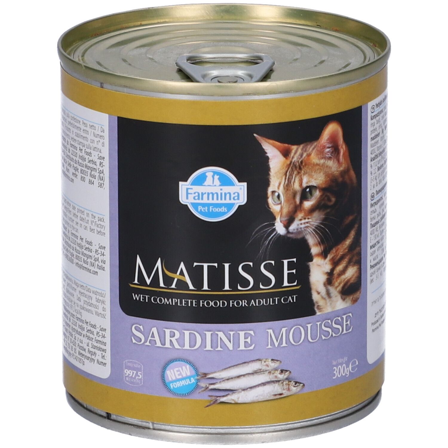 Lattina Farmina Matisse Sardine Mousse. Etichetta con immagine di gatto, nome prodotto e illustrazione di pesce. 300g.