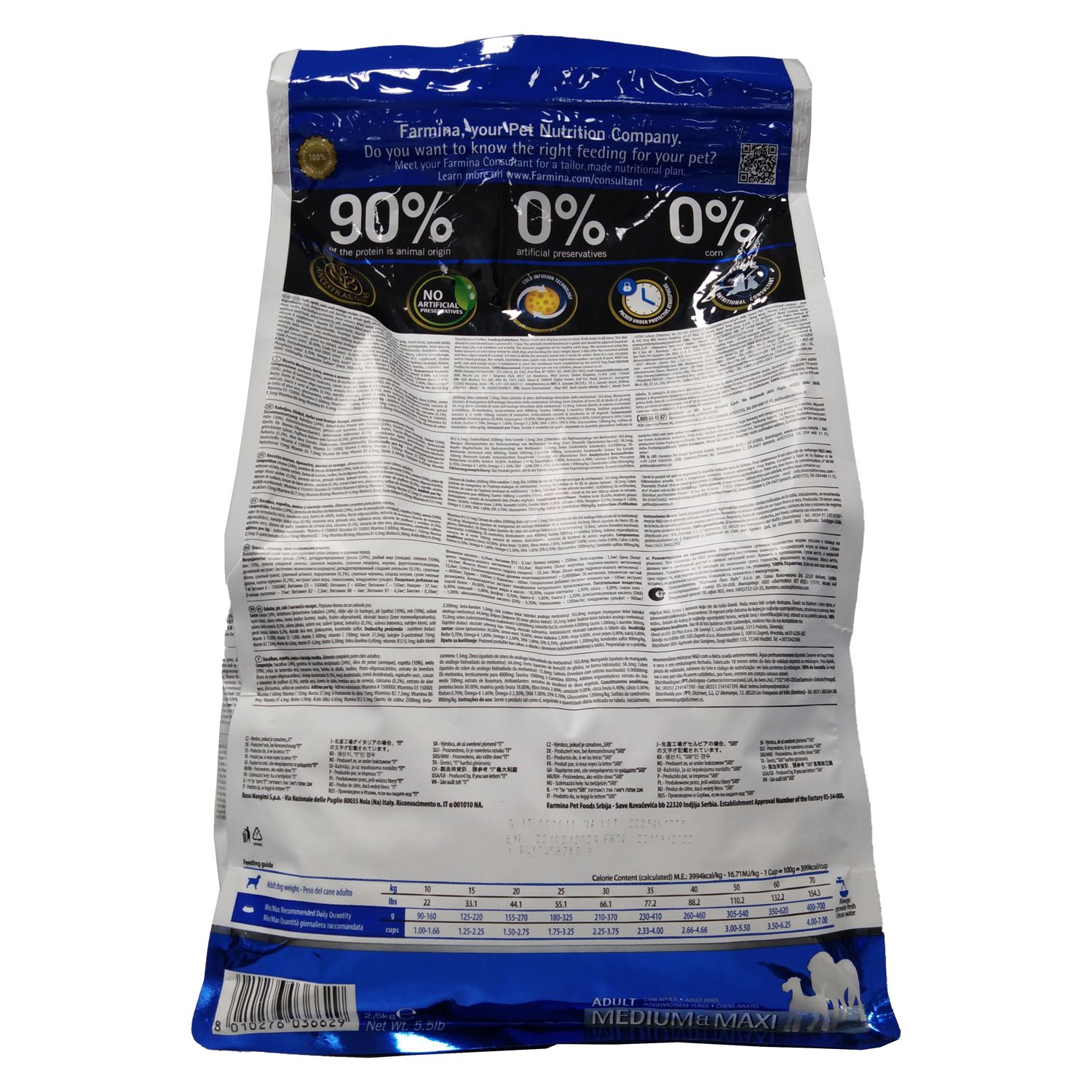 Retro del sacchetto di cibo per cani Farmina N&D Ocean. Testo e grafici con informazioni. Include dettagli sugli ingredienti e raccomandazioni per l'alimentazione.