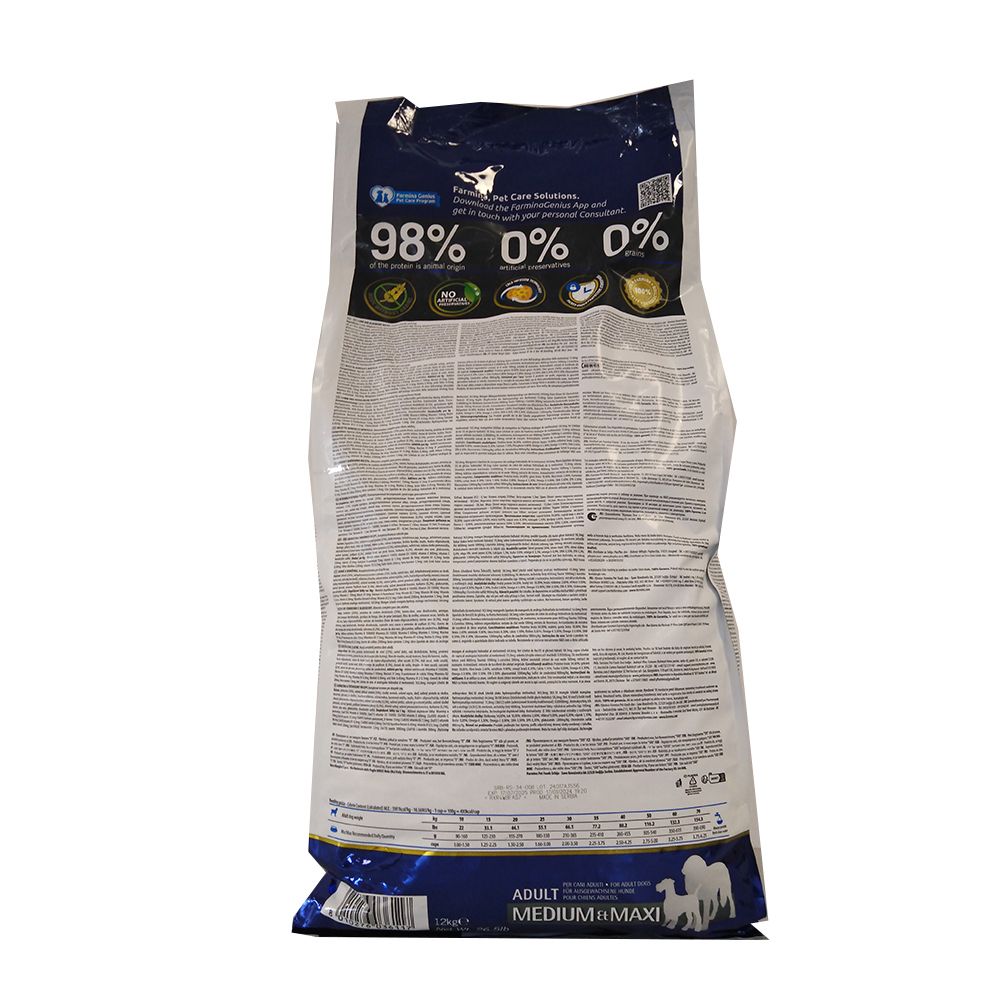 Retro del sacchetto Farmina N&D Prime. Testo e tabelle. Logo: Adult Medium & Maxi.