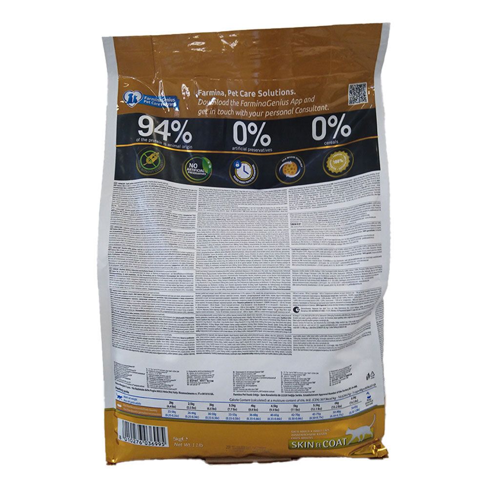 Retro del sacchetto di cibo secco. Testo con informazioni nutrizionali, ingredienti e informazioni del produttore. Sigilli.