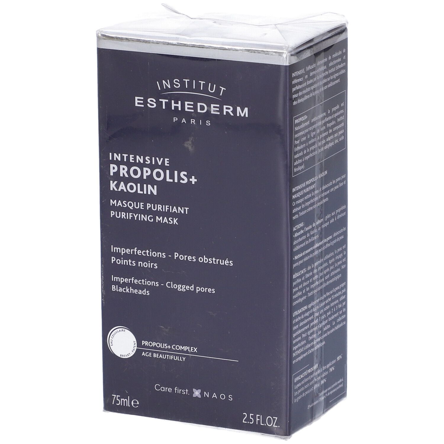 Scatola blu scuro con informazioni sul prodotto. Scritta: INTENSIVE PROPOLIS+ KAOLIN MASQUE PURIFIANT. 75 ml.