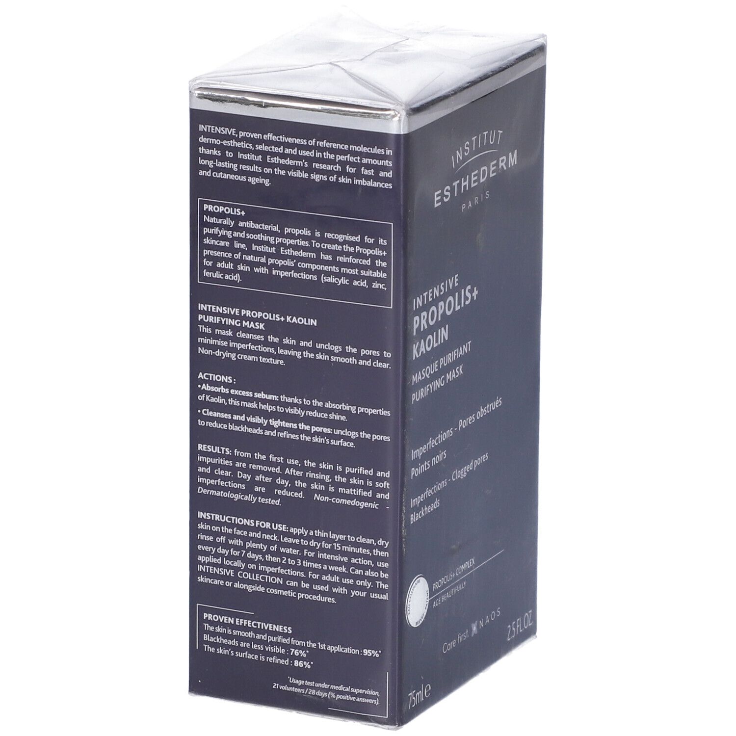Scatola blu scuro con informazioni sul prodotto. Scritta: INTENSIVE PROPOLIS+ KAOLIN MASQUE PURIFIANT. 75 ml.