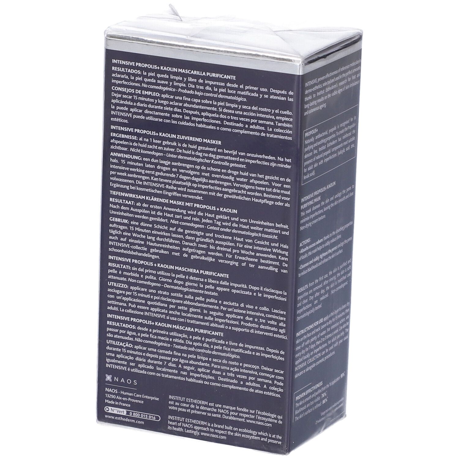 Scatola blu scuro con informazioni sul prodotto. Scritta: INTENSIVE PROPOLIS+ KAOLIN MASQUE PURIFIANT. 75 ml.