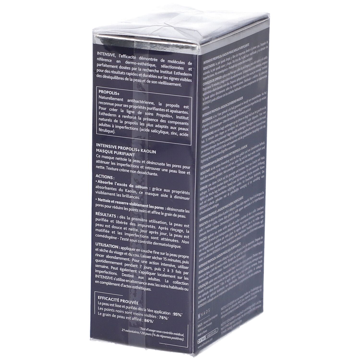 Scatola blu scuro con informazioni sul prodotto. Scritta: INTENSIVE PROPOLIS+ KAOLIN MASQUE PURIFIANT. 75 ml.