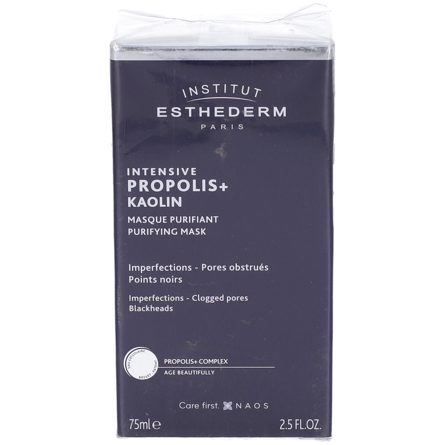 Scatola blu scuro con informazioni sul prodotto. Scritta: INTENSIVE PROPOLIS+ KAOLIN MASQUE PURIFIANT. 75 ml.