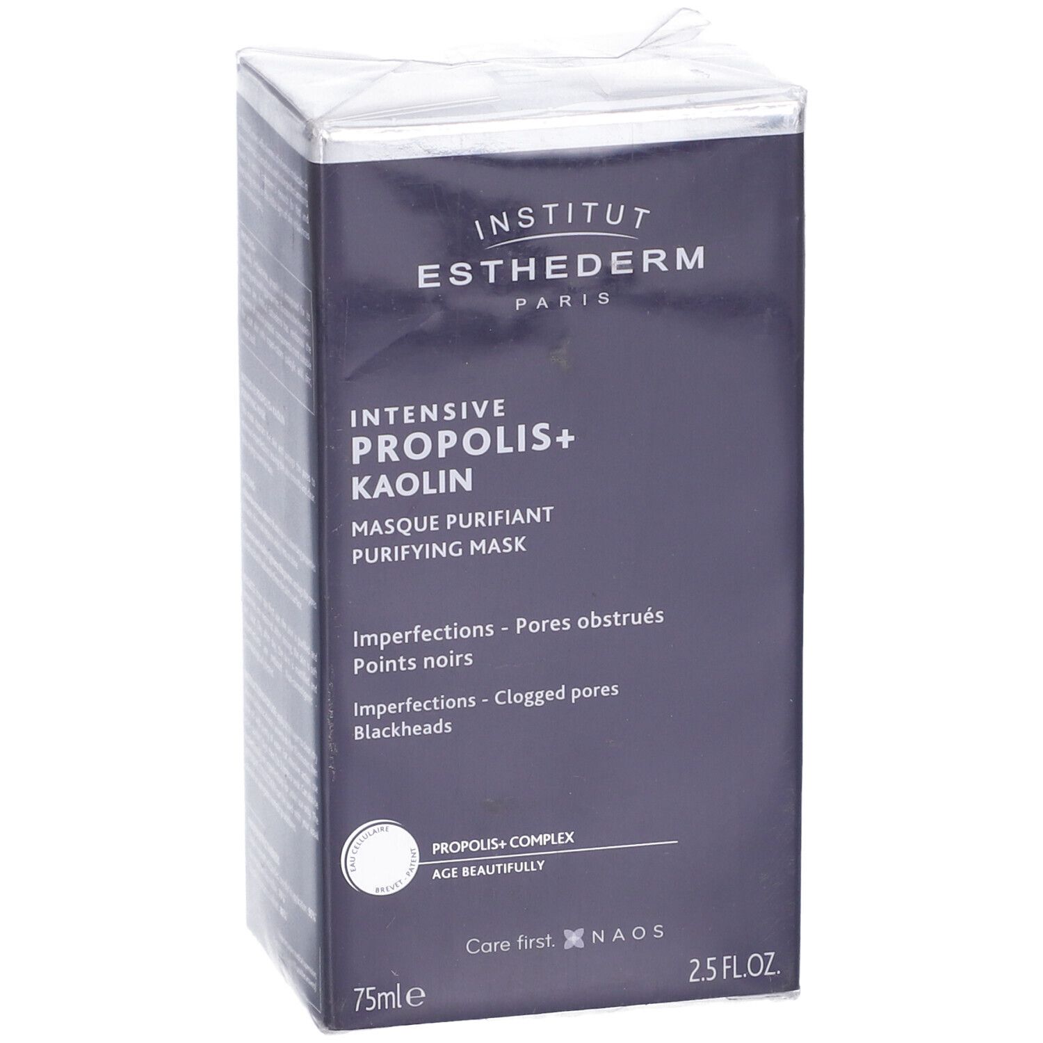 Scatola blu scuro con informazioni sul prodotto. Scritta: INTENSIVE PROPOLIS+ KAOLIN MASQUE PURIFIANT. 75 ml.