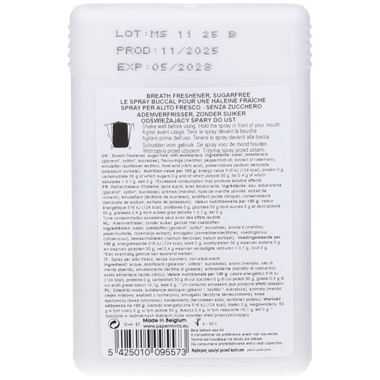 Retro del flacone spray bianco. Testo: "BREATH FRESHENER, SUGARFREE". Informazioni sugli ingredienti e l'uso.