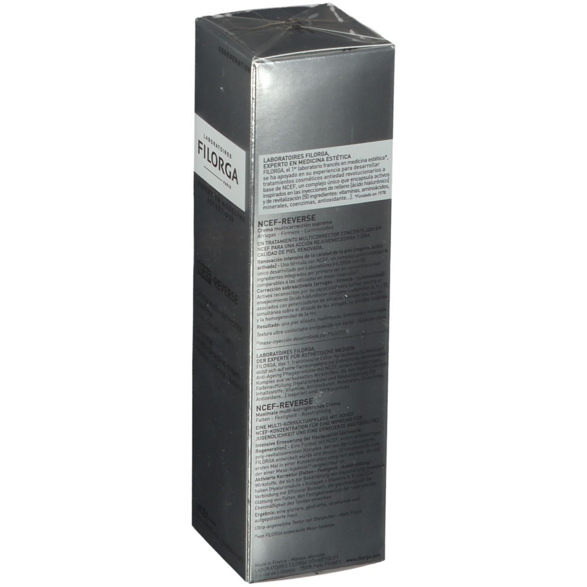 Retro della confezione FILORGA NCEF-REVERSE®. Testo multilingue, tra cui francese e inglese.