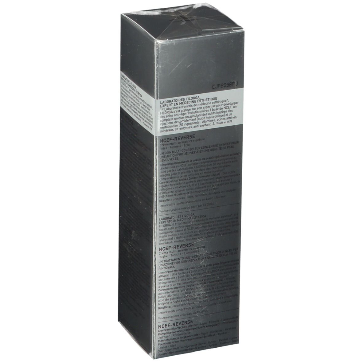 Retro della confezione FILORGA NCEF-REVERSE®. Testo multilingue, tra cui francese e inglese.