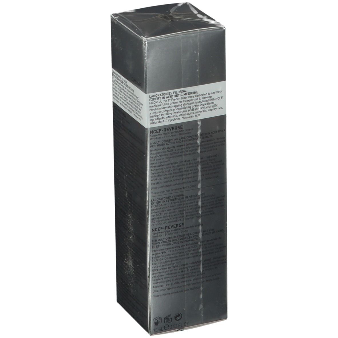 Retro della confezione FILORGA NCEF-REVERSE®. Testo multilingue, tra cui francese e inglese.