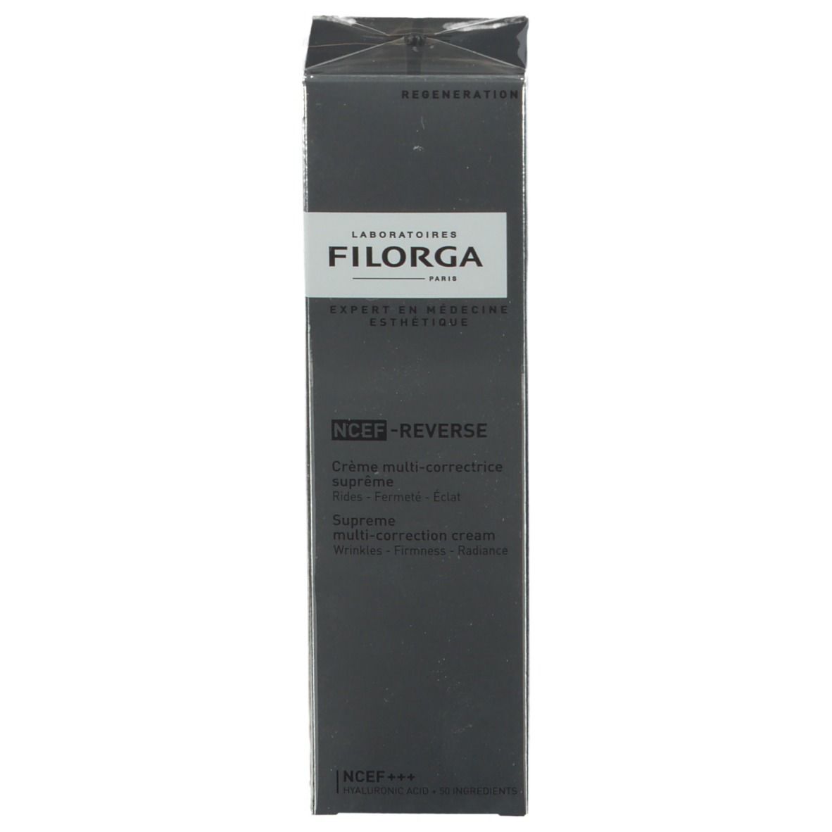 Confezione FILORGA NCEF-REVERSE®. Scatola nera con nome e descrizione del prodotto. Testo in francese e inglese.
