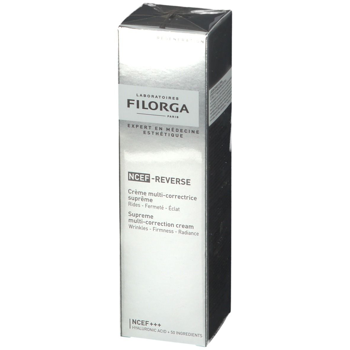 Confezione FILORGA NCEF-REVERSE®. Scatola argentata con nome e descrizione del prodotto. Testo in francese e inglese.