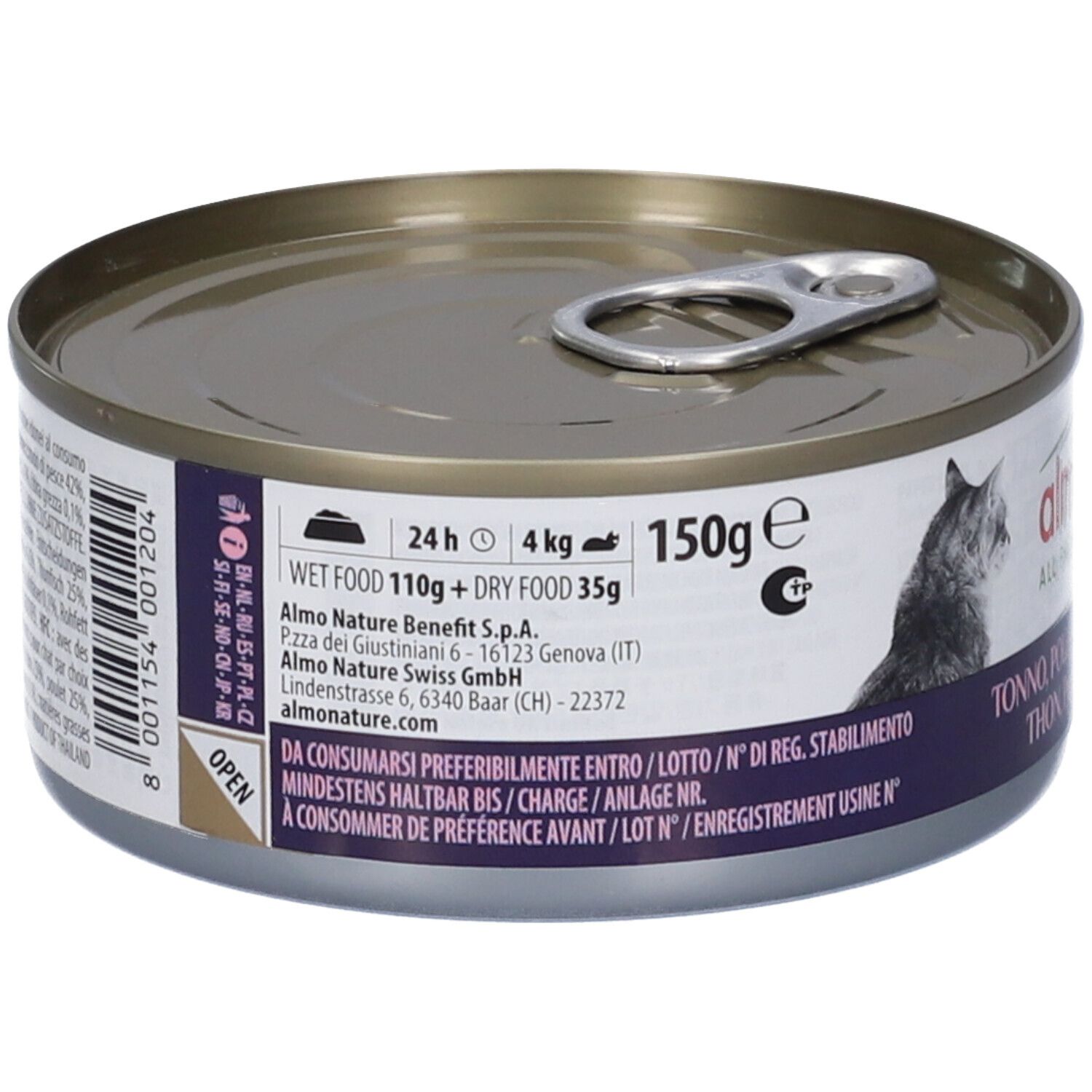 Lattina con coperchio. Etichetta Almo Nature, testo: Tonno, Pollo, Prosciutto. 150g. Informazioni su alimentazione e ingredienti.