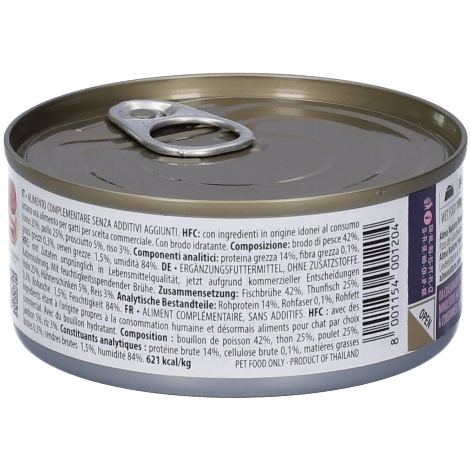Lattina con coperchio. Dettaglio ingredienti e analisi. Testo: Tonno, Pollo, Prosciutto. Prodotto in Thailandia.