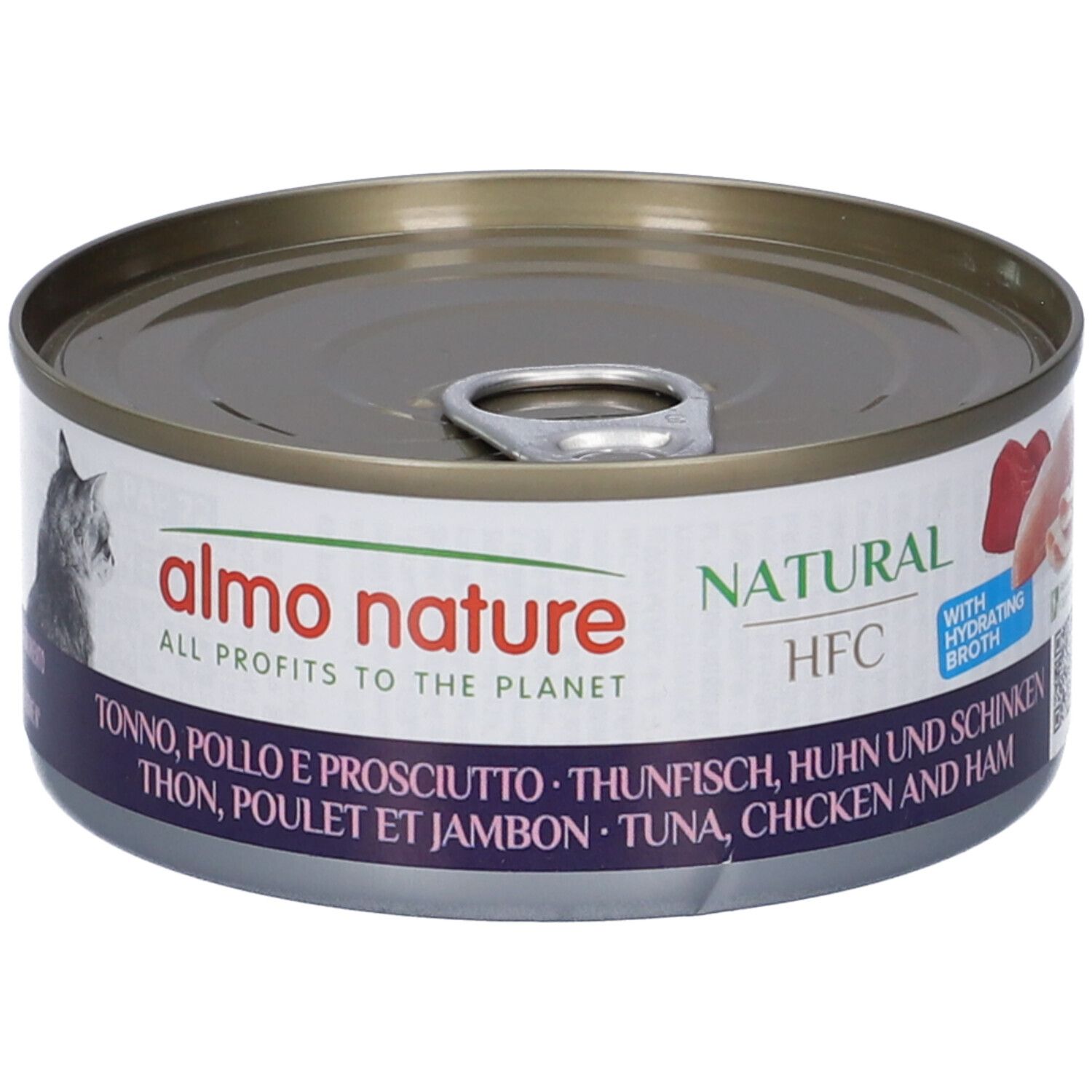 Lattina rotonda con coperchio. Etichetta Almo Nature con testo: Tonno, Pollo, Prosciutto. Certificazione HFC. Immagine di carne.