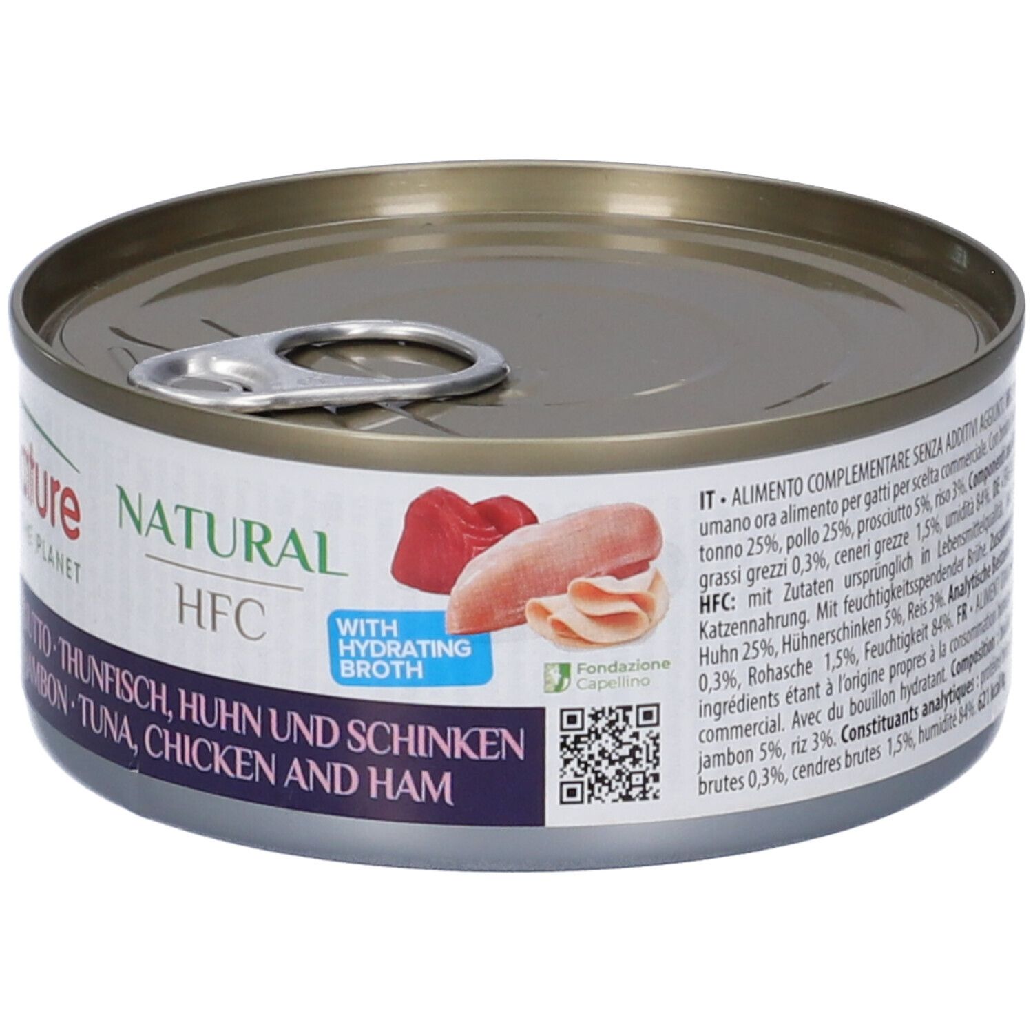 Lattina con coperchio. Etichetta Almo Nature con testo: Tonno, Pollo, Prosciutto. Certificazione HFC. Pezzi di carne illustrati.