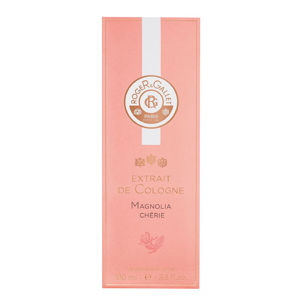 Scatola rosa con striscia bianca. Scritta: Roger & Gallet, Extrait de Cologne, Magnolia Chérie. Logo.