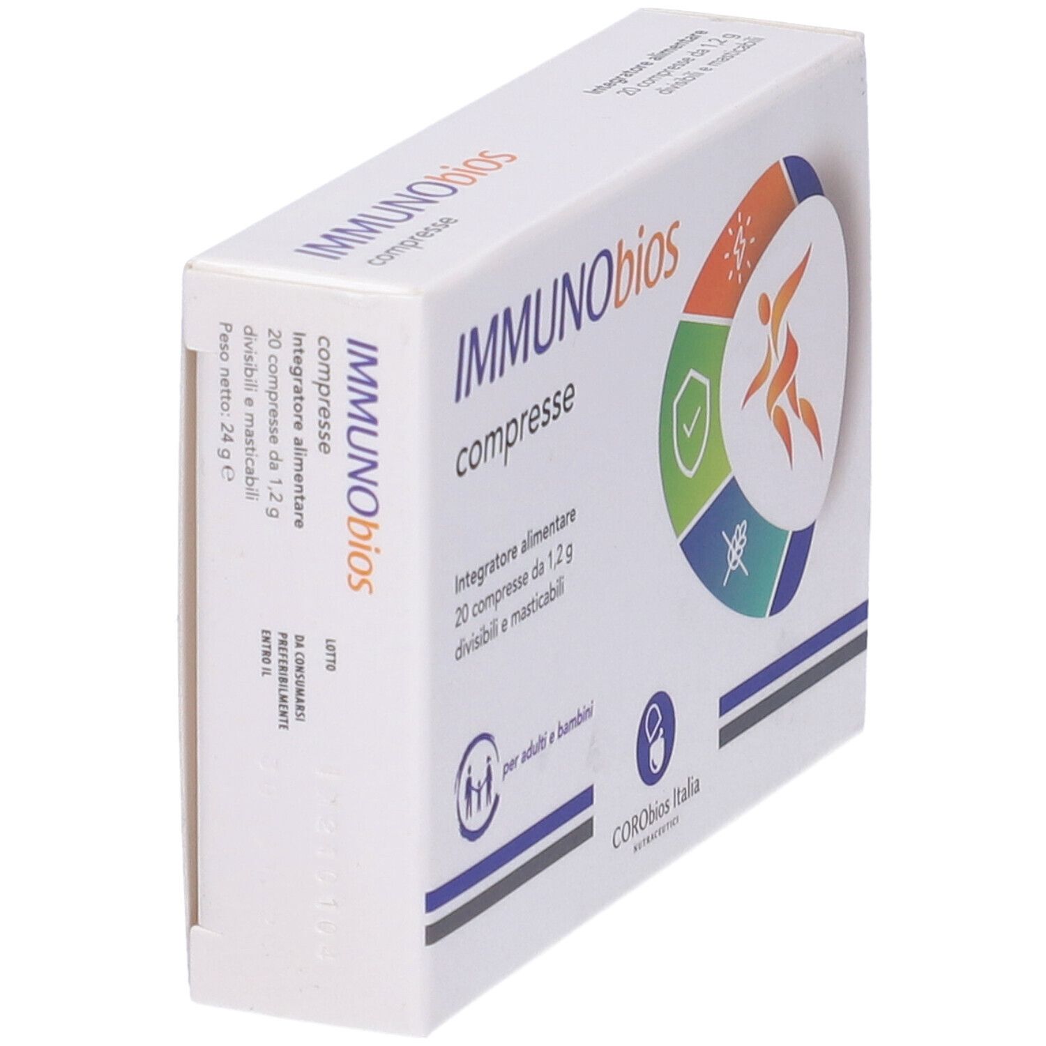 Scatola bianca con nome e logo del prodotto. Contiene 20 compresse. Per adulti e bambini.