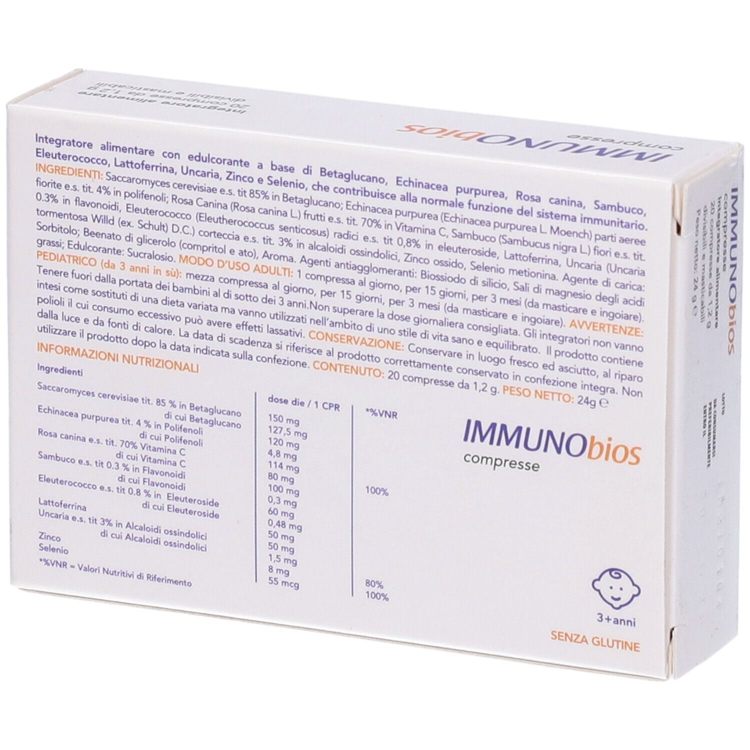 Scatola bianca con informazioni e ingredienti. Contiene 20 compresse. Per adulti e bambini.