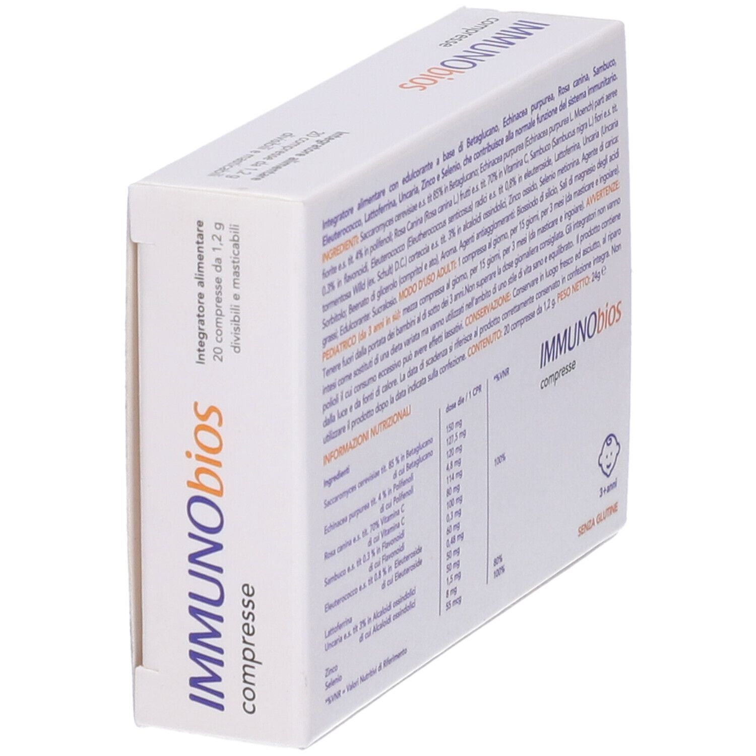 Scatola bianca con informazioni e ingredienti. Contiene 20 compresse. Per adulti e bambini.