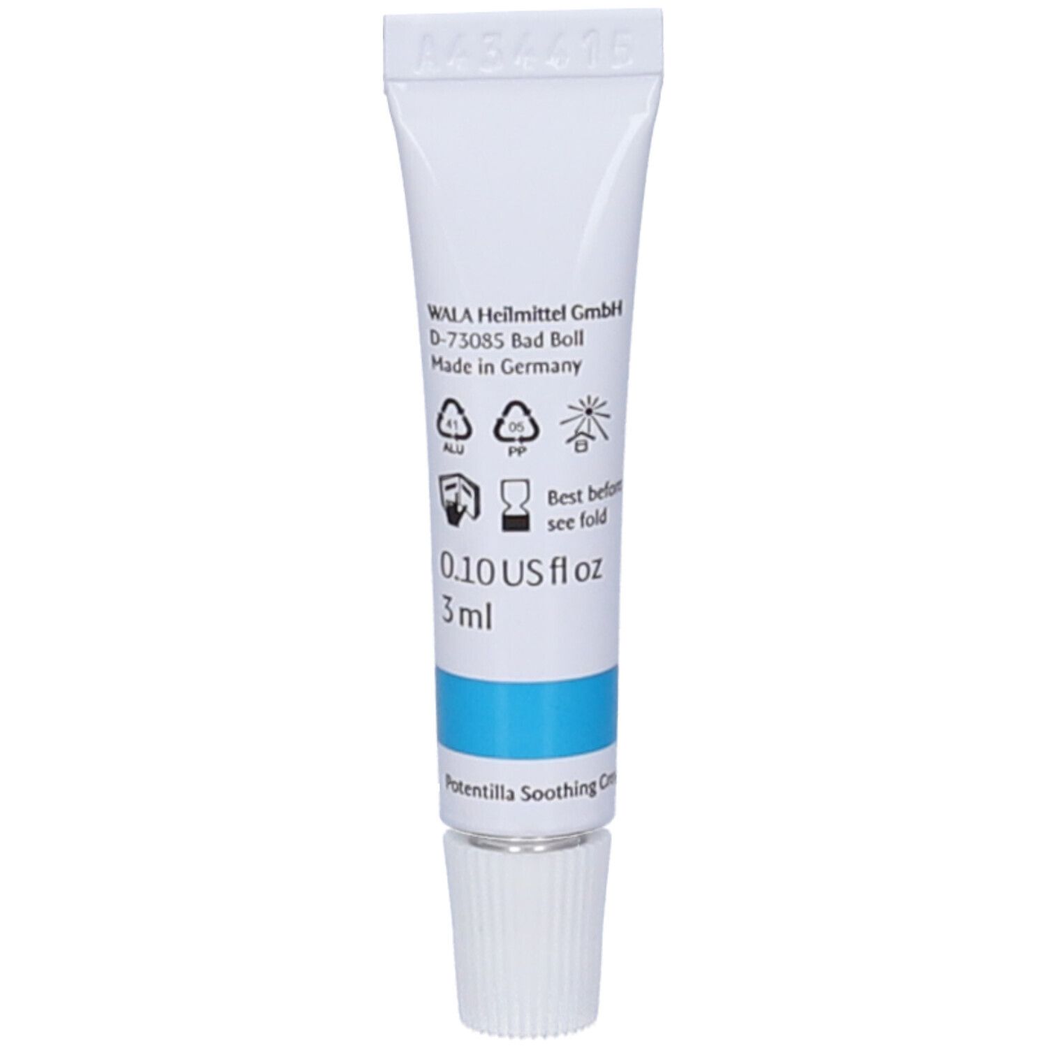 Retro del tubo. Scritte: WALA Heilmittel GmbH, 0.10 US fl oz, 3 ml, Potentilla Soothing Cream.